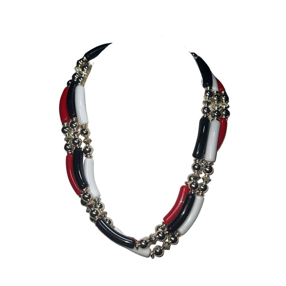 Red White Blue & Silver 3 Strand Vtg Designer Costume Jewelry Women’s Necklace